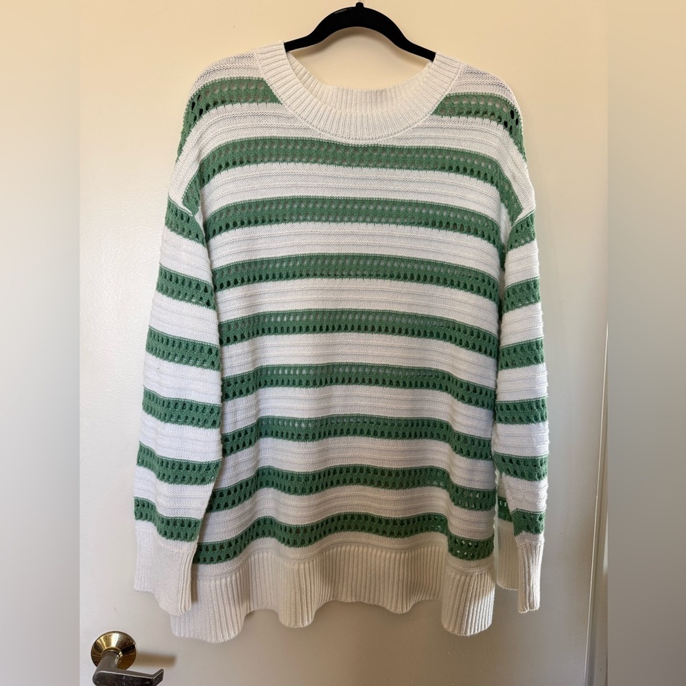 Ava & Viv Green and White Striped Crewneck Sweater in EUC Size 2X